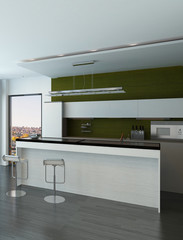 Modern white and green kitchen interior with two bar stools