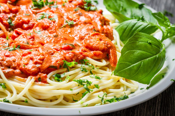 Closeup of spaghetti bolognese with shrimps