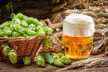 Small beer with a large foam surrounded by hops