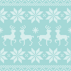 Fototapeta na wymiar Seamless Pattern Stitching Rudolph & Snowflakes Retro