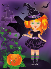 Happy halloween. Young witch with a bat. vector