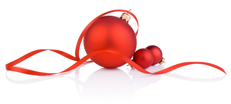 Three red christmas ball and tape Isolated on white background