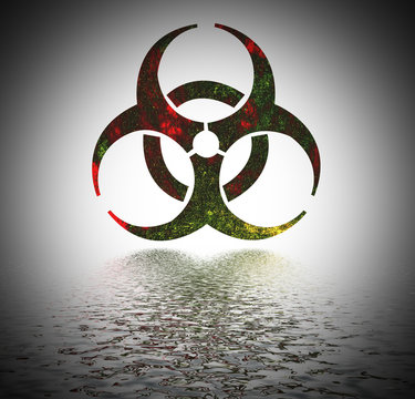 Biohazard warning sign reflected in water surface.