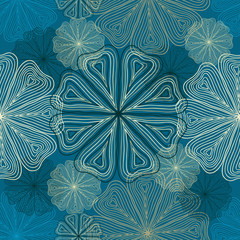 Seamless blue background with contour flowers