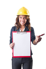 Woman with hard hat and binder