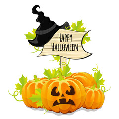 Obraz premium pumpkins for Halloween and wooden signboard