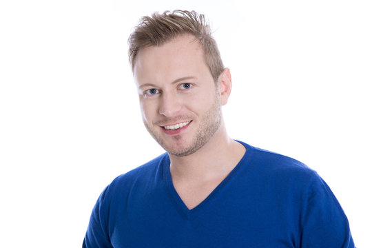 Gesicht blonder Mann - blaue Augen blauer Pulli isoliert