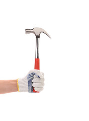 Hand with protection glove holding hammer