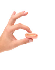 Hand holds traditional pink macaron.