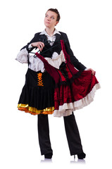 Woman trying new clothing on white