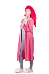 Housewife after taking the shower on white