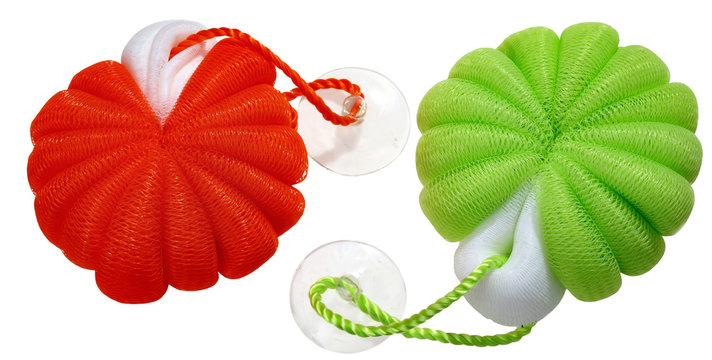 Shower Puffs - red & green shower scrubbers with suction cups