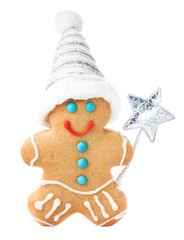 Gingerbread Man Christmas Cookie with Santa hat and magic stick