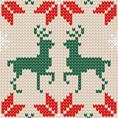 Seamless Pattern Knitted Rudolph & Snowflakes Red/Green/Beige