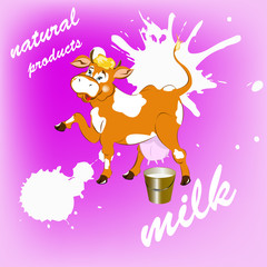 Label dairy products.A fresh milk from cheerful cow