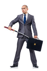 Businessman with sword isolated on white