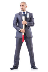 Funny businessman with axe on white