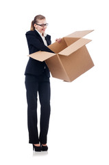 Woman businesswoman with boxes on white