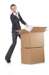 Woman businesswoman with boxes on white