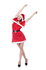 Young woman in red santa costume on white