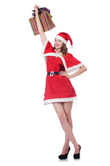 Young woman in red santa costume on white