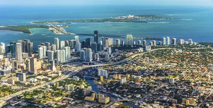 aerial of town and beach of Miami