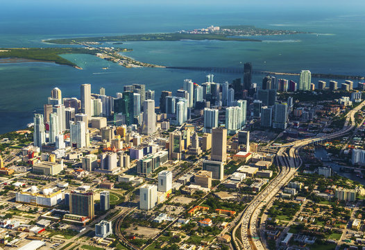 aerial of town and beach of Miami