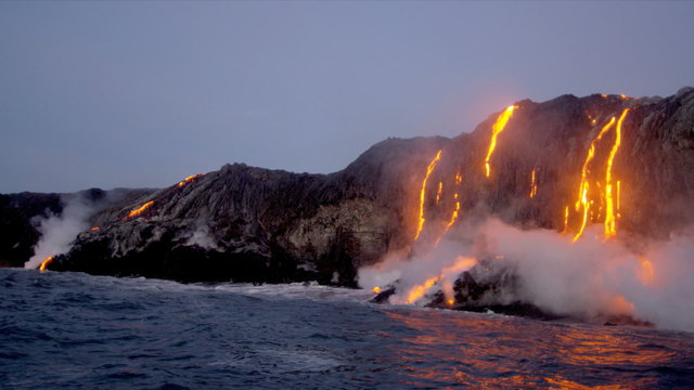 Molten Lava Pouring into Ocean Kilauea Hawaii 