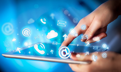 Hand touching tablet pc, social media concept