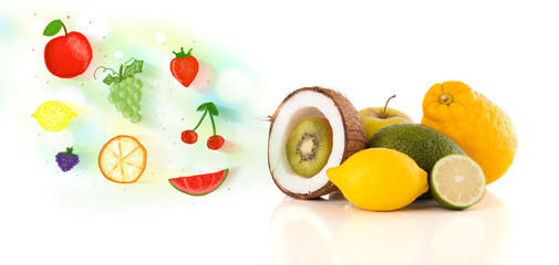 Colorful fruits with hand drawn illustrated fruits