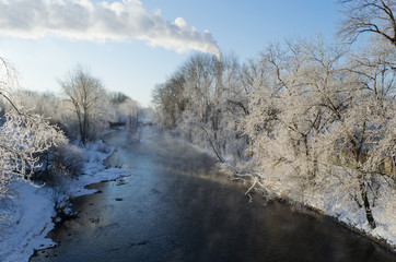 Obraz na płótnie Canvas Landscape with the snow-covered trees near the river