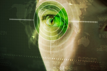 Modern man with cyber technology target military eye