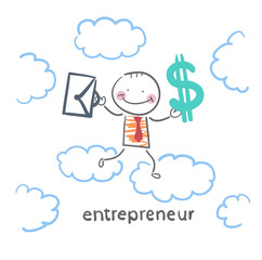 entrepreneur goes through the sky with a briefcase and money