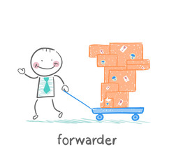 forwarder carries a wheelbarrow with boxes of goods