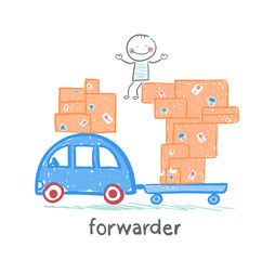forwarder rides on a machine that carries boxes with the goods