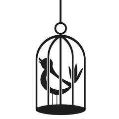 Oiseau de dessin animé noir et blanc de vecteur sur la cage à oiseaux