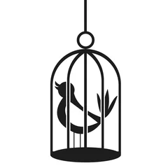 Cercles muraux Oiseaux en cages Oiseau de dessin animé noir et blanc de vecteur sur la cage à oiseaux