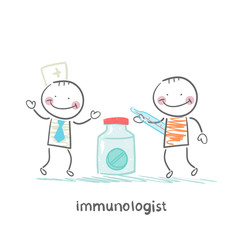 immunologist giving pills to a patient with thermometer