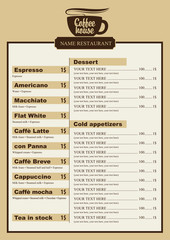 menu list for coffee house with a cup