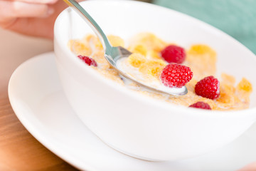 Close up of plate with muesli and strawberry 