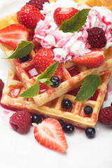 Waffle with fruit and whipped cream