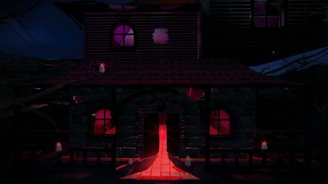 Entering a haunted house full of ghosts coming out of the ground