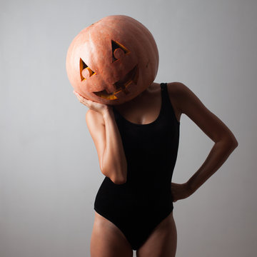 Young model with pumpkin head