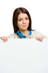 Fototapeta premium Woman handing white sheet of paper copyspace, isolated on white
