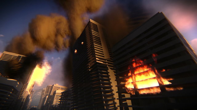 City flooded and destroyed after bombing or other catastrophe