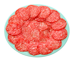 tasty sausage on plate, isolated on white