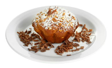 Fototapeta na wymiar Tasty muffin cake with powdered sugar and chocolate