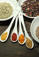 Assortment of spices in  white spoons and bowls,