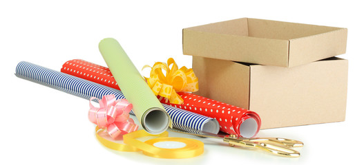 Materials and accessories for wrapping gifts isolated on white