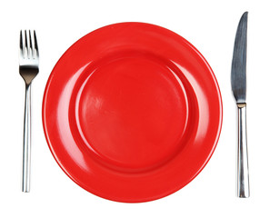 Knife, color plate and fork, isolated on white